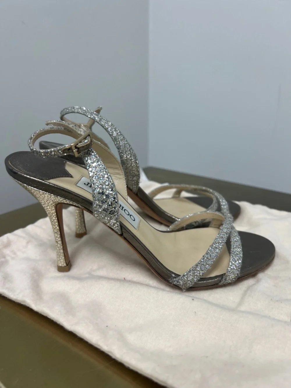 Jimmy Choo Silver Glitter Slingback Heels - Picture 2 of 6